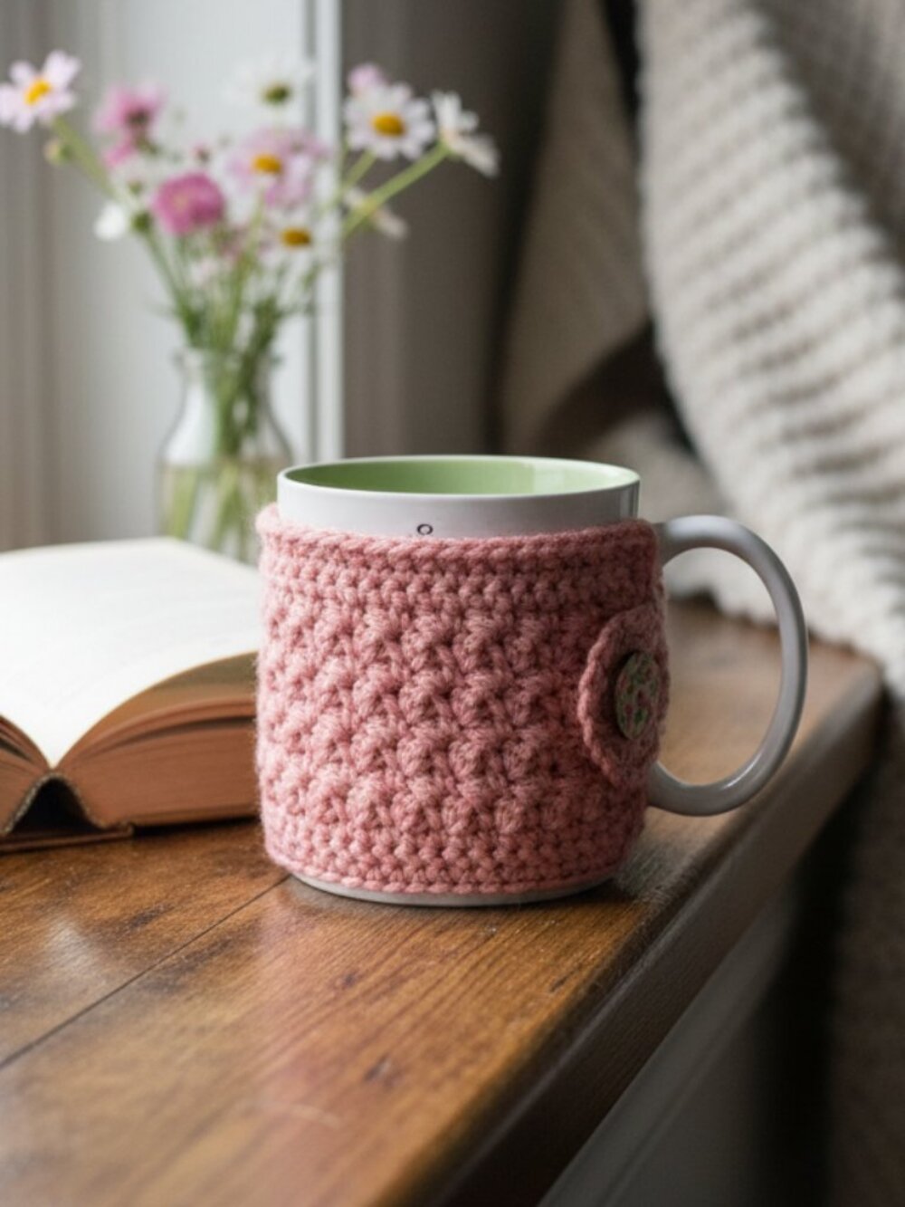 Vintage Blush Pink Mug Cozy | Handmade Crochet Mug Sleeve | Coffee Tea Gift
